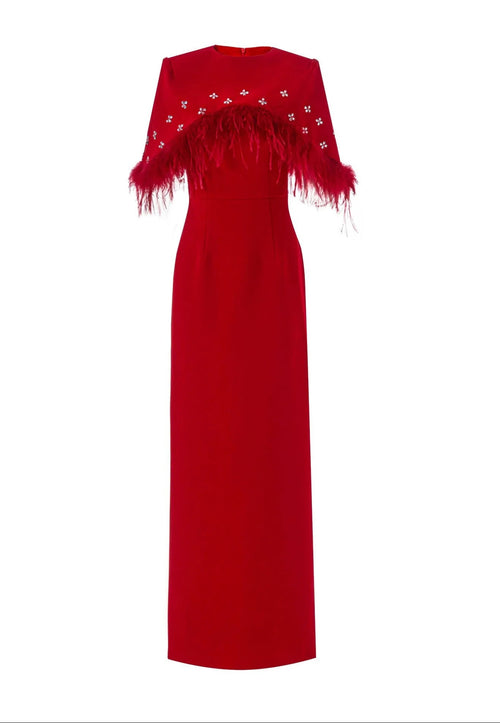Red dress with feathered shoulders on a white background