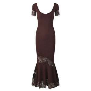 A dark brown ribbed knit dress with short sleeves, a scoop neckline, and black lace trim at the shoulders and hem, shown on a plain white background.