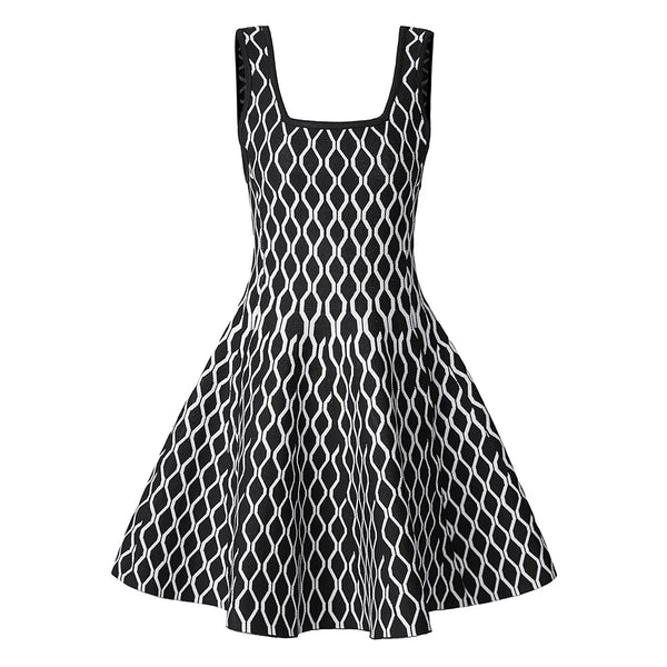 A sleeveless black and white patterned dress with a square neckline and a flared skirt, shown against a plain white background.