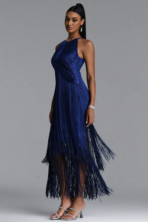 Tivona Halter Fringe Midi Dress