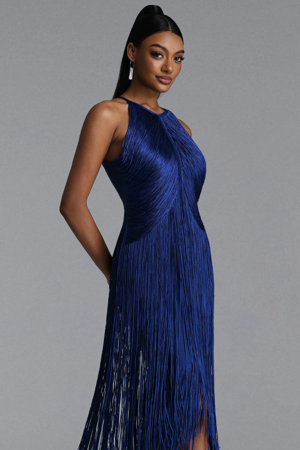 Tivona Halter Fringe Midi Dress