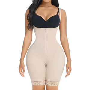 Woman wearing a beige shapewear garment with a black bra on a white background
