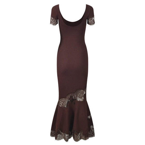 A dark brown ribbed knit dress with short lace sleeves and a flared ruffled hem, featuring decorative lace trim at the neckline and hem, shown against a plain white background.