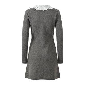 Gray dress with white lace collar on a white background