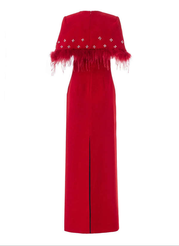 Red dress with fringe details on a white background