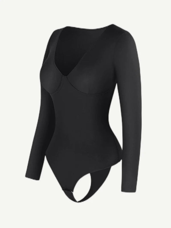 High Waist Tummy Control Thong Bodysuit – V-Neck Long Sleeve Winteres