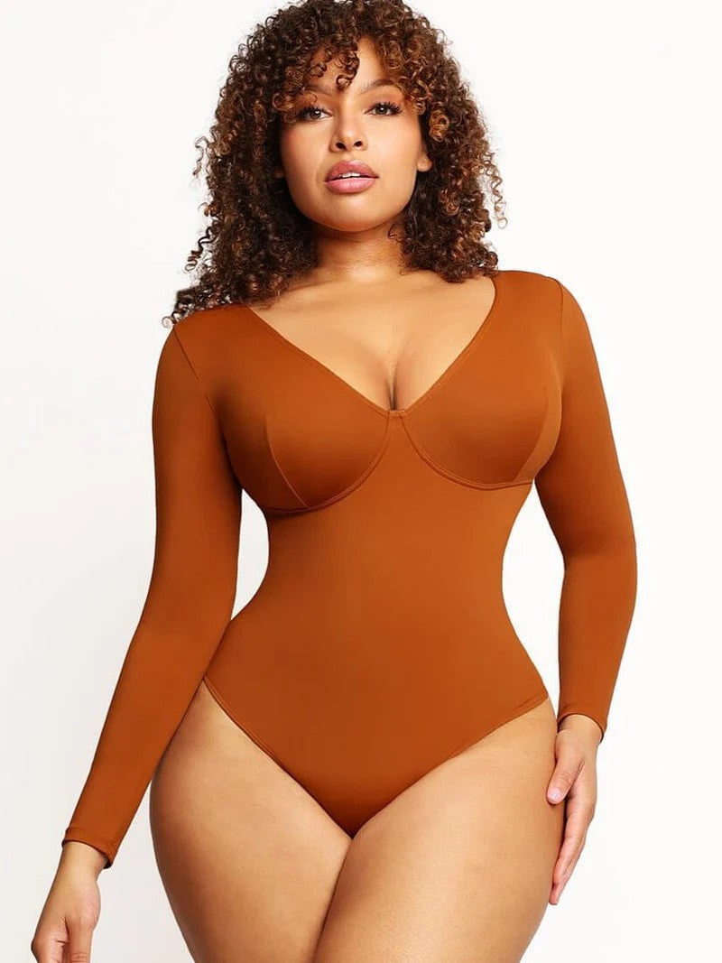High Waist Tummy Control Thong Bodysuit – V-Neck Long Sleeve Winteres