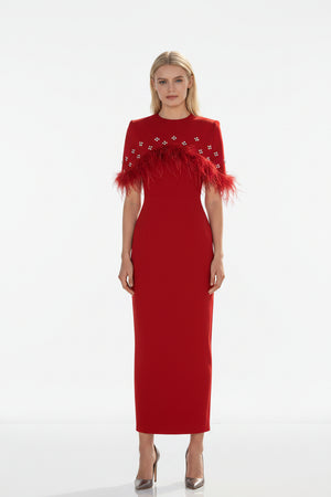 Woman wearing a red dress with feather details on a white background