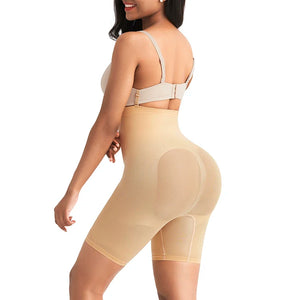 Woman wearing a beige shapewear garment on a white background