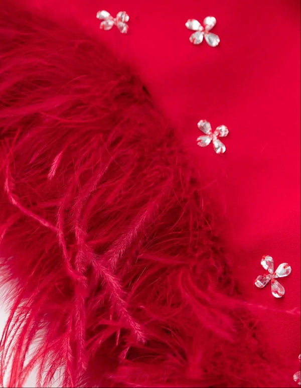Red fabric with feather trim and floral embellishments on a white background