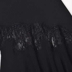 Close-up of a black ribbed knit garment with a wide black lace band across the waist or hip area, shown against a plain light background.