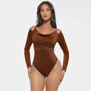 Shaping Bodysuit - Long Sleeves, Shiny Effect, Built-in Bra & Thong Winteres
