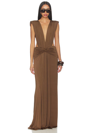 Sorena Brown Ruffle Maxi Dress