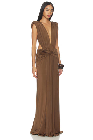 Sorena Brown Ruffle Maxi Dress
