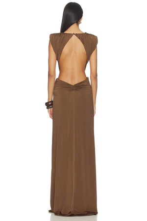 Sorena Brown Ruffle Maxi Dress