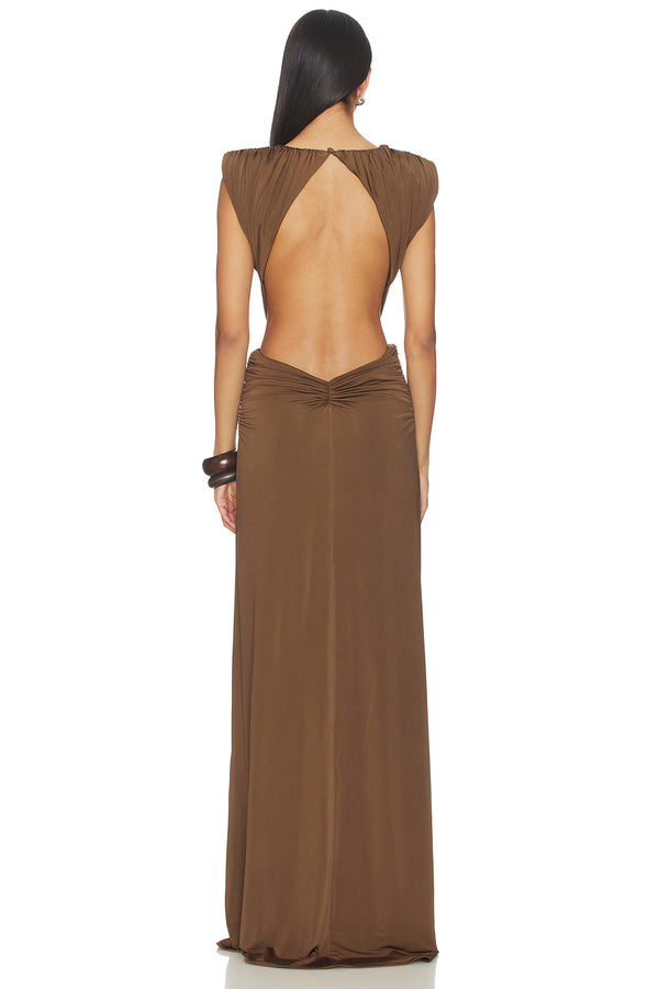 Sorena Brown Ruffle Maxi Dress