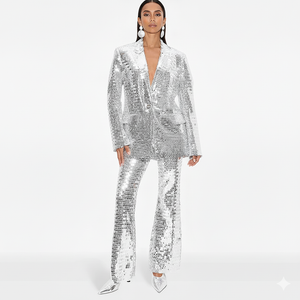 Person wearing a silver sequin suit on a white background
