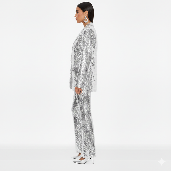 Person wearing a silver sequin outfit on a white background