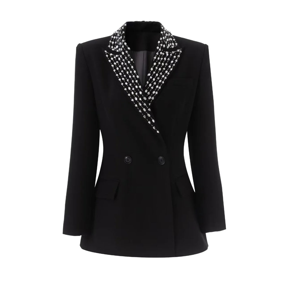 Black blazer with a patterned collar on a white background