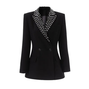 Black blazer with a patterned collar on a white background