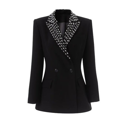 Black blazer with a patterned collar on a white background