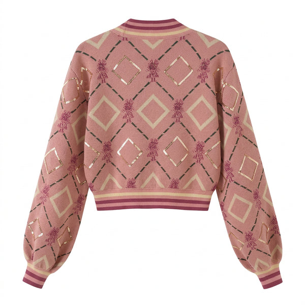 Puff-Sleeve Jacquard Sequin Snap Cardigan Winteres