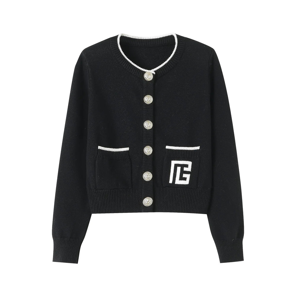 Black cardigan with white buttons and a logo on a white background