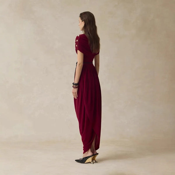Autumn New Design Elegant Casual Party Dresses Retro Style Wine Red Solid Draped Midi Dress for Women, back view.