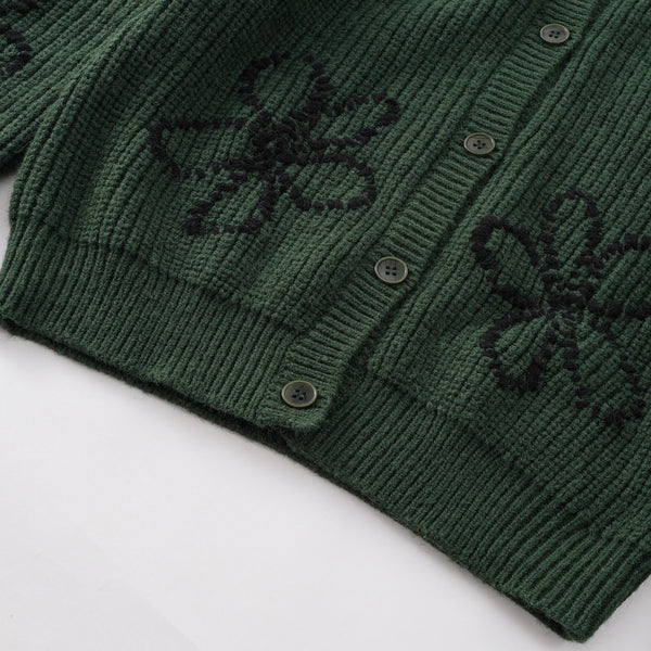 Intarsia Button Crew-Neck Knit Cardigan Winteres