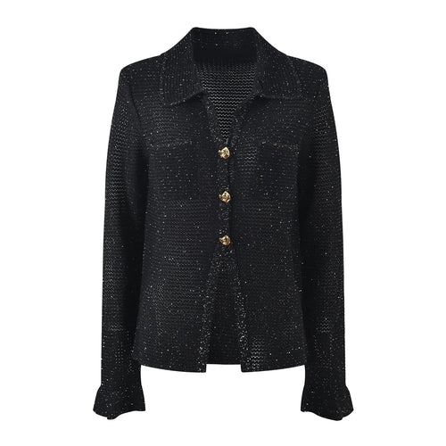 Black textured jacket with gold buttons on a white background