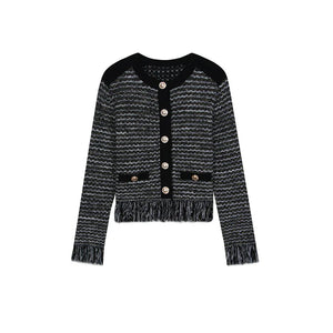 Black and gray striped cardigan with button details on a white background