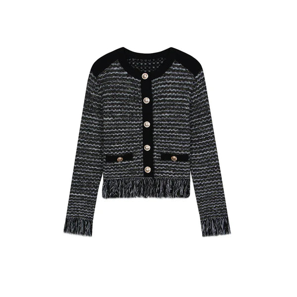 Black and gray striped cardigan with button details on a white background