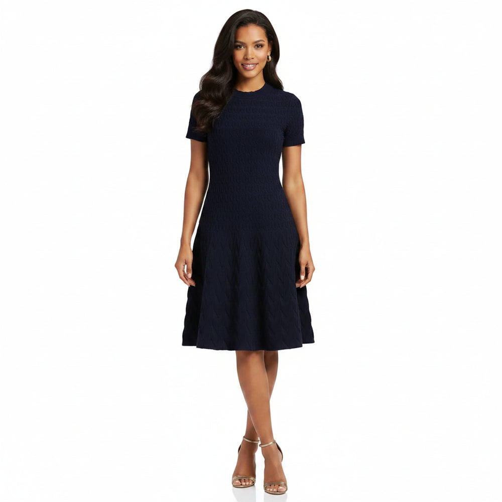 Navy blue patterned dress on a white background