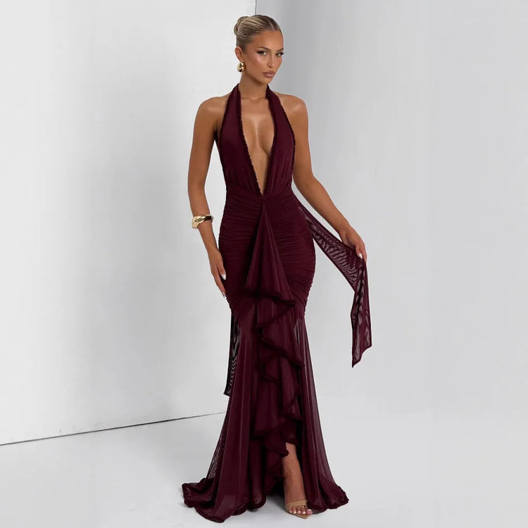 Robe de soirée élégante décontractée à col halter, sexy, ajustée, sans manches, dos nu, en dentelle plissée, longueur genou – Winteres