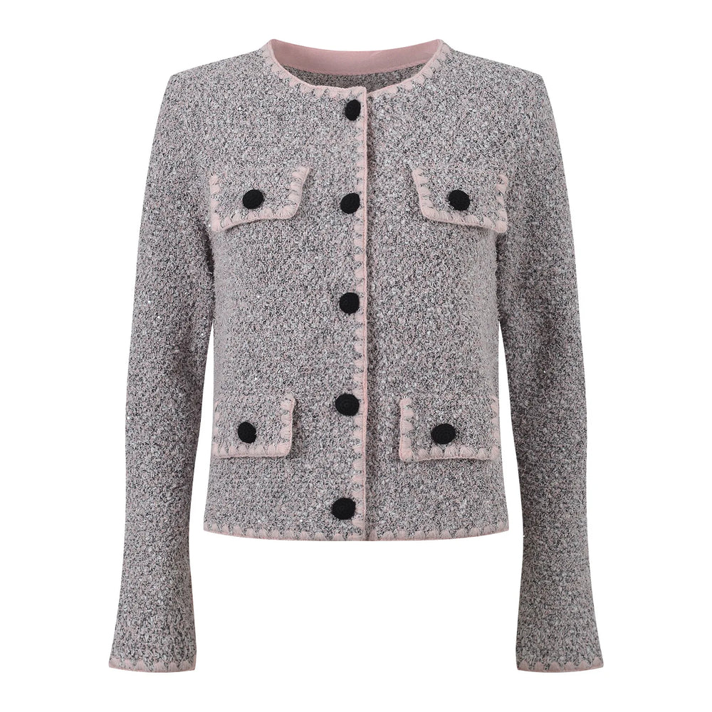 Gray textured jacket with black buttons on a white background