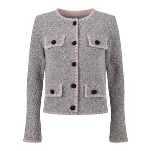 Gray textured jacket with black buttons on a white background