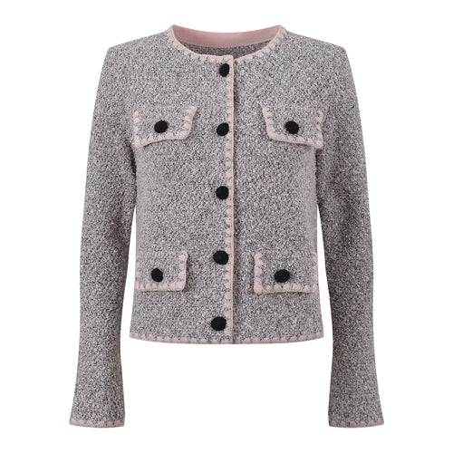 Gray textured jacket with black buttons on a white background