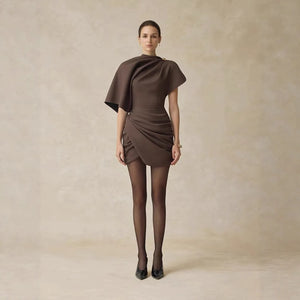 New Design Premium High Quality Solid Casual Women's Autumn Brown Woven Pleated Mini Dress with Shawl Collar Pencil Silhouette