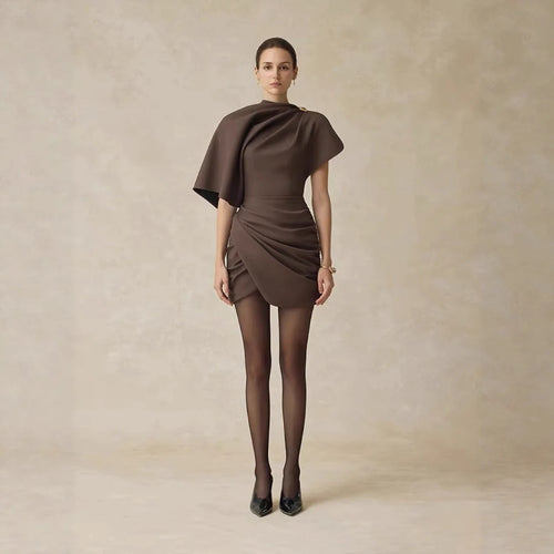 New Design Premium High Quality Solid Casual Women's Autumn Brown Woven Pleated Mini Dress with Shawl Collar Pencil Silhouette