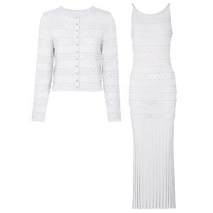 White long-sleeve cardigan and white dress on a white background