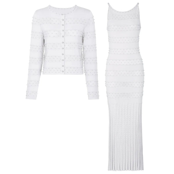 White long-sleeve cardigan and white dress on a white background