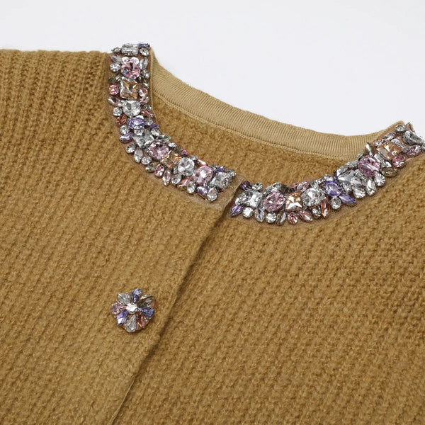 Brown sweater with a decorative collar featuring multicolored gemstones on a white background