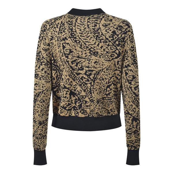 Patterned jacket with black and gold design on a white background