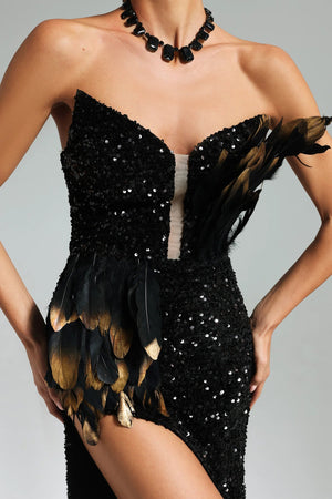 Soloma Rebel Sequins Feather Slit Maxi Dress Winteres