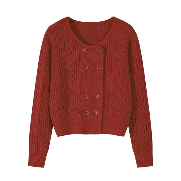 Cable Double-Breasted Crew-Neck Cardigan
