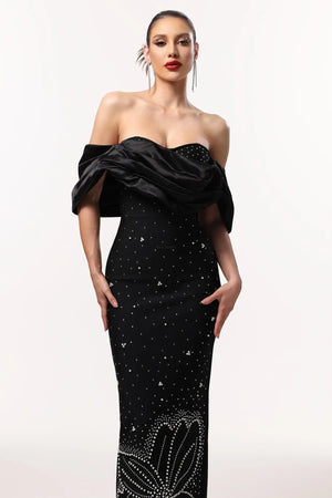Women Chic IWinify Off Shoulder Rhinestone Bandage Black Maxi Dres Ladies Bodycon Occassion Birthday Cocktail Prom Party Dresses