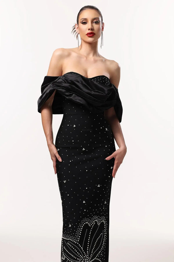 Women Chic IWinify Off Shoulder Rhinestone Bandage Black Maxi Dres Ladies Bodycon Occassion Birthday Cocktail Prom Party Dresses