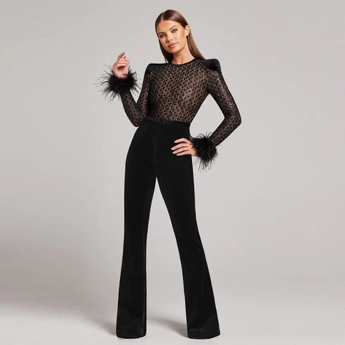 Fashion Design  Sexy Long Sleeve Sequin Feather Black Bodycon Bandage  One Pieces Jumpsuits Winteres