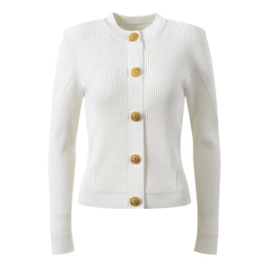 White ribbed sweater with gold buttons on a white background