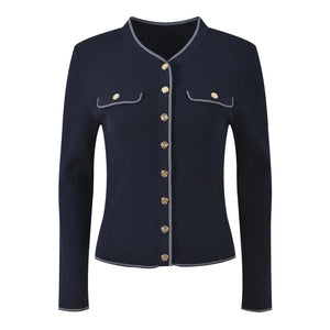 Navy blue ribbed sweater with gold buttons on a white background